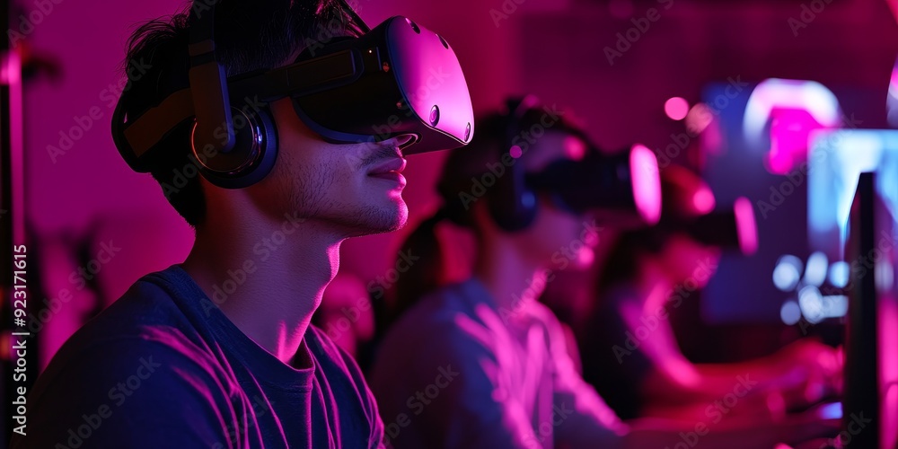 A high-tech gaming setup with players using the latest VR headsets ...
